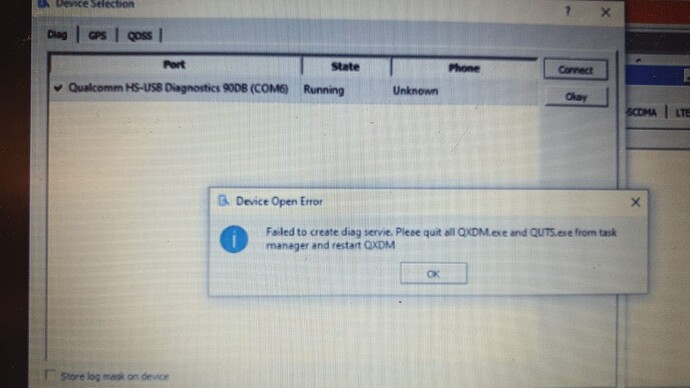 QXDM: Failed to create diag service error