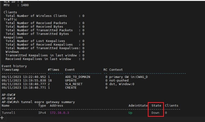 Tunnel showing up over physical interface but showing down over protocol interface