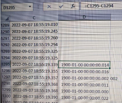 Excel formula to calculate delta in msec between 2 timestamps