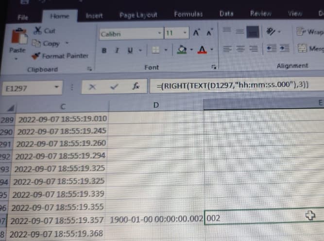 Excel formula to calculate delta in msec between 2 timestamps