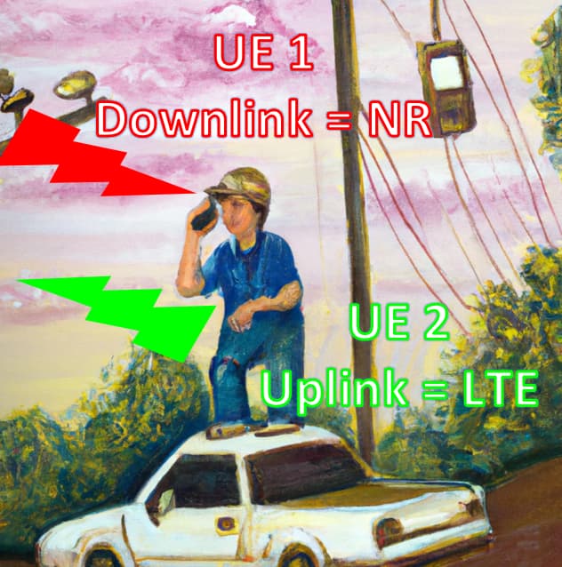 2 nearby UEs use different RAT for Downlink and Uplink